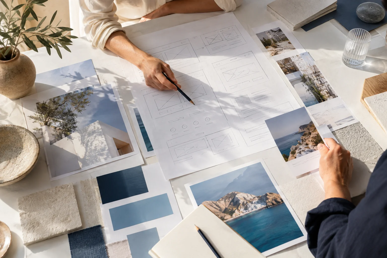 Equipo creativo revisando bocetos, fotografías y colores para diseñar una web corporativa