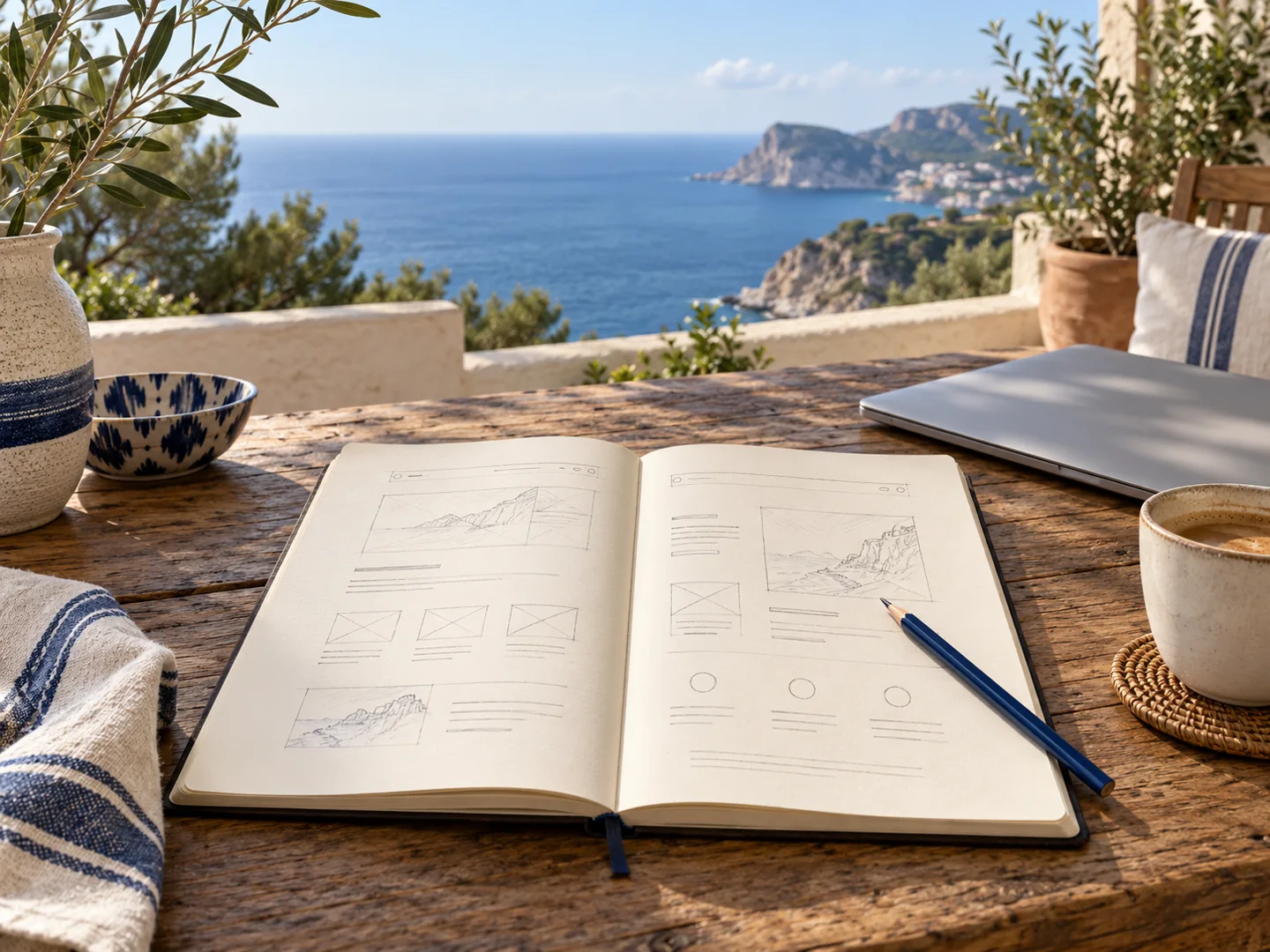 Libreta abierta con ideas para una web sobre una mesa junto al mar