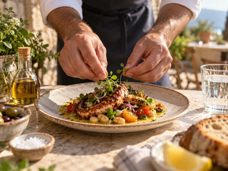 Chef preparando un plato mediterráneo